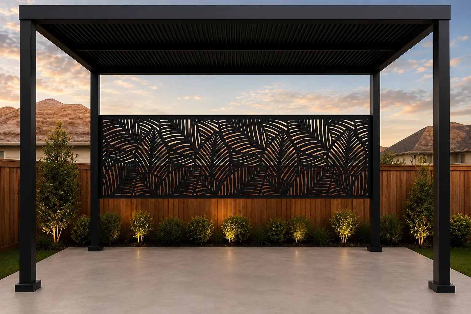Black pergola with privacy panel inspiration