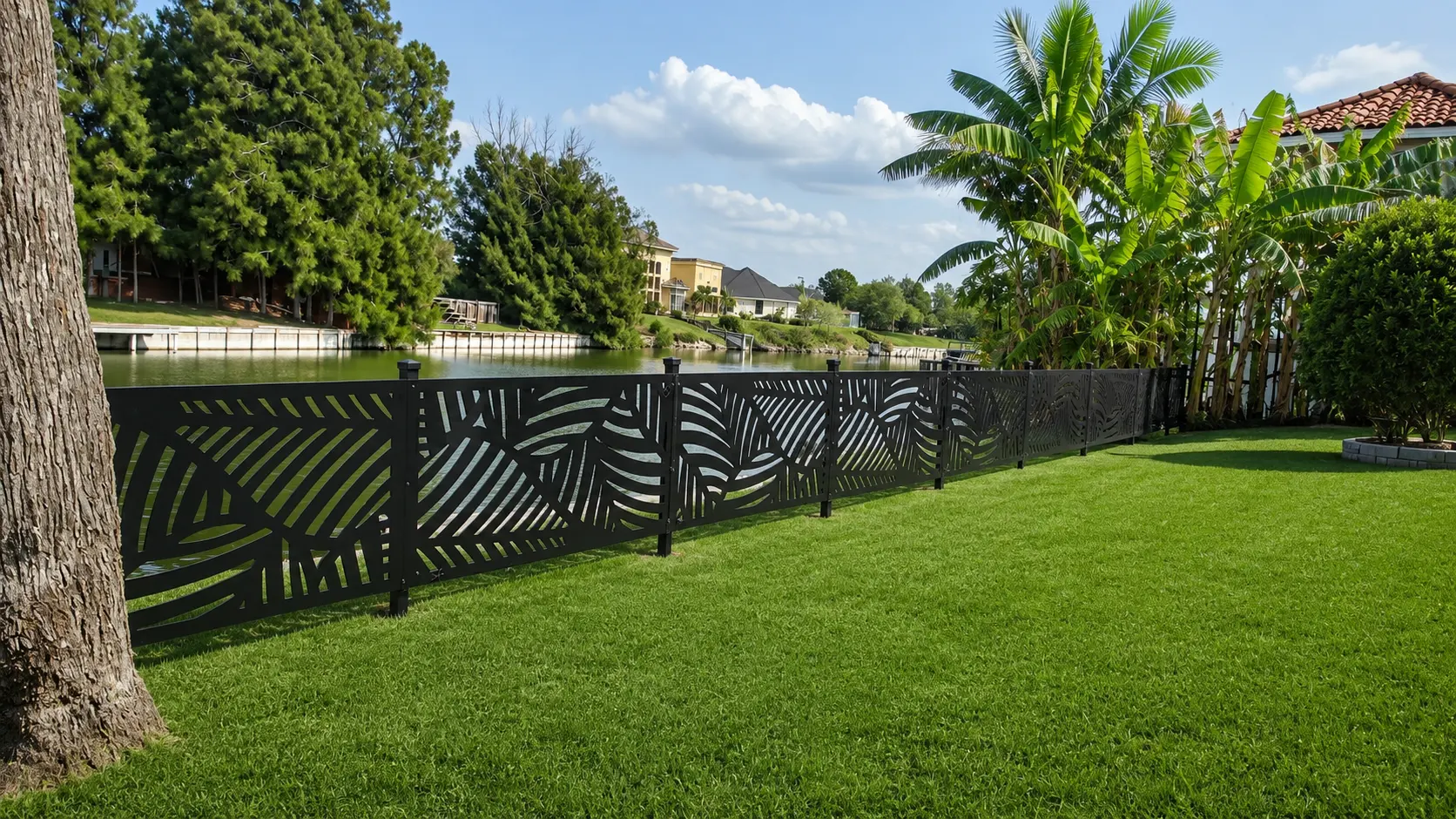 Black decorative fence by the water