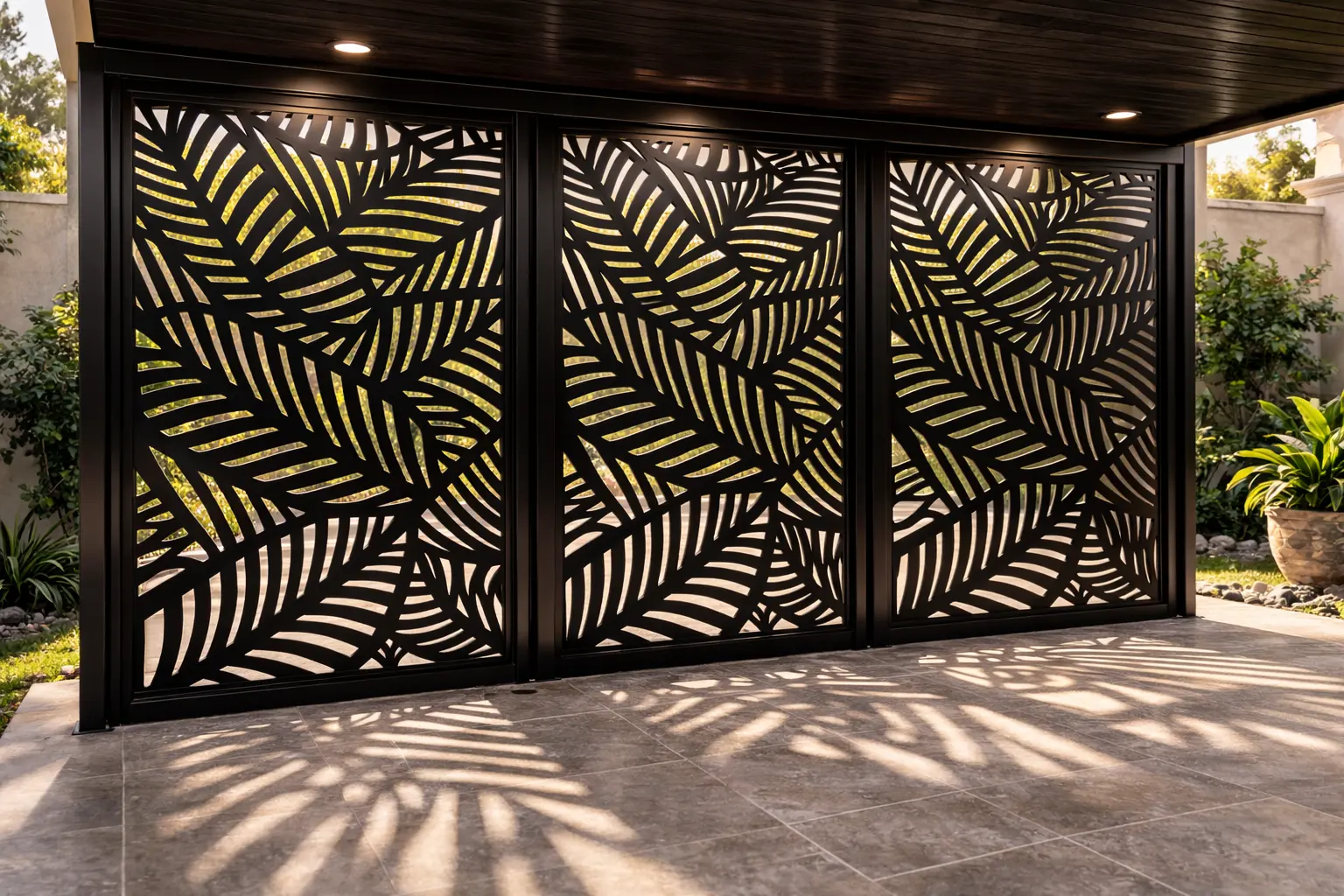 Black palm privacy panels under covered patio