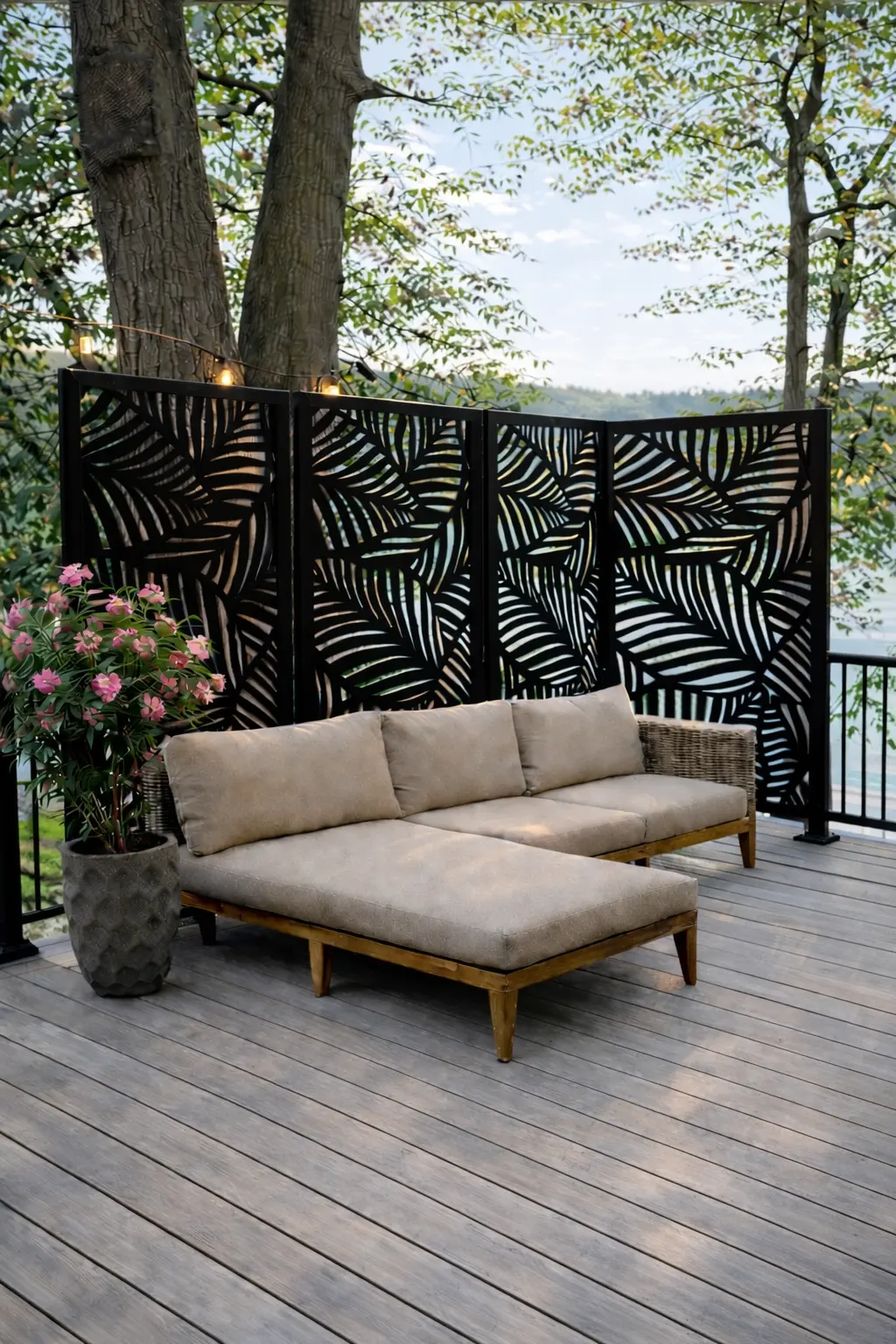 Deck lounge with black palm privacy panels
