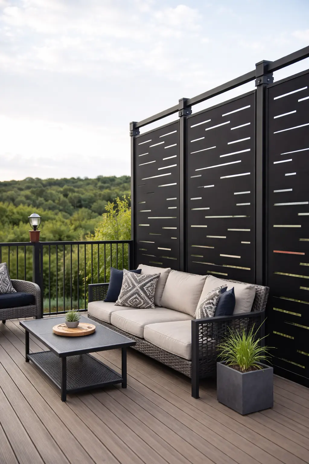 Modern outdoor space with decorative aluminum privacy panels