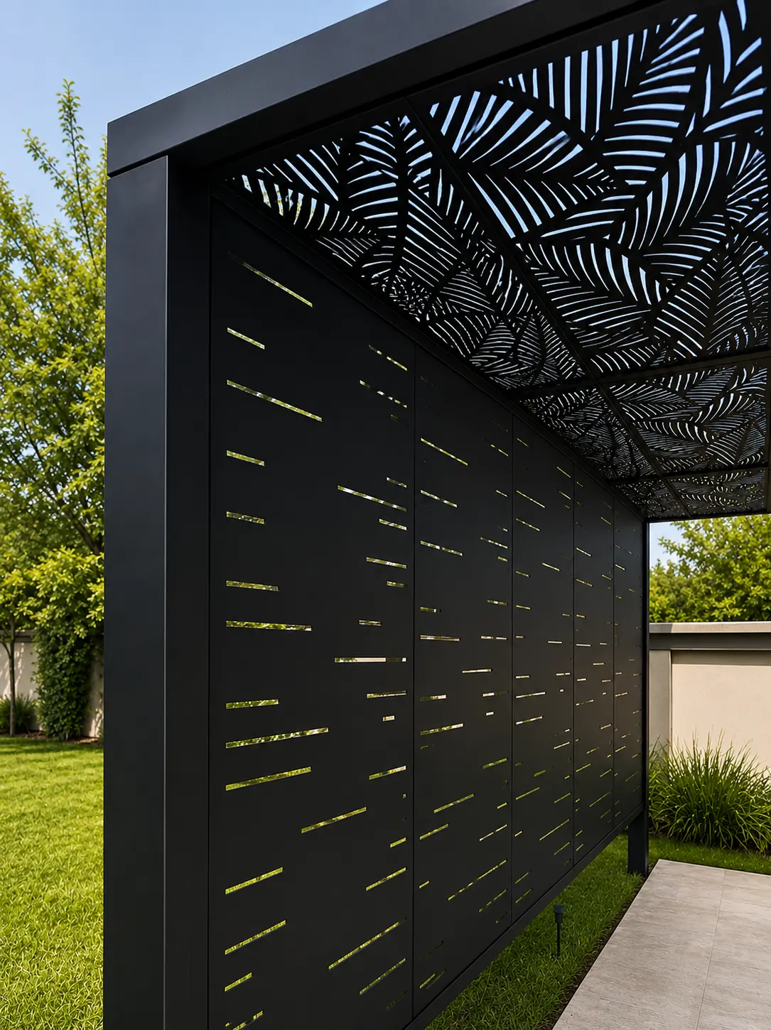 Residential and commercial aluminum panels with decorative overhead pattern